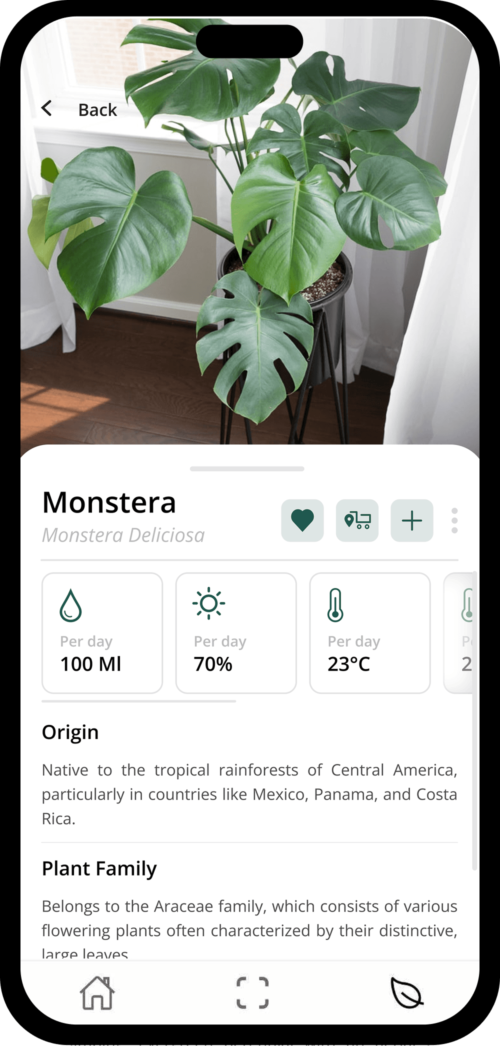 Obrazovka aplikace Plantiful s plánem péče pro monsteru